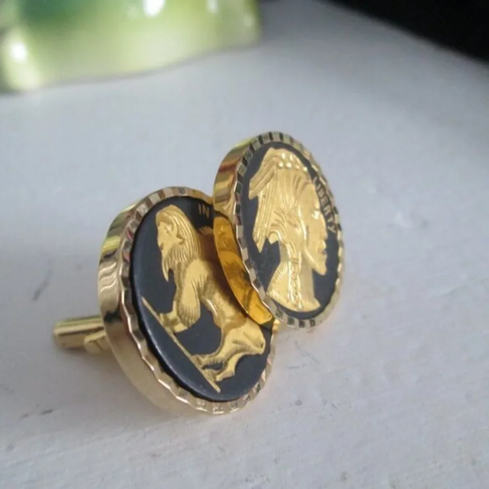 Vintage‎ Cufflinks Round Bison Buffalo Indian Head Diamond Cut Cufflinks